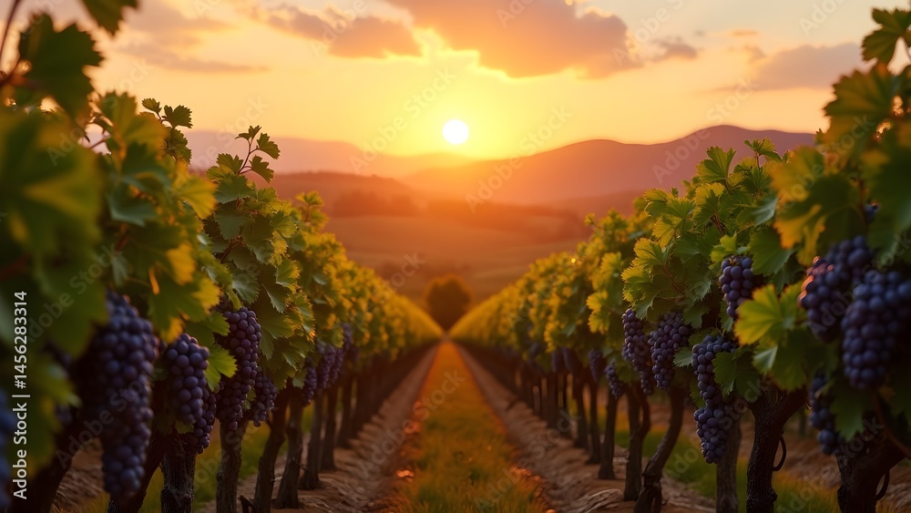 Naklejka premium Picturesque Vineyard Landscape at Sunset with Rows of Grapevines in a Wine Region