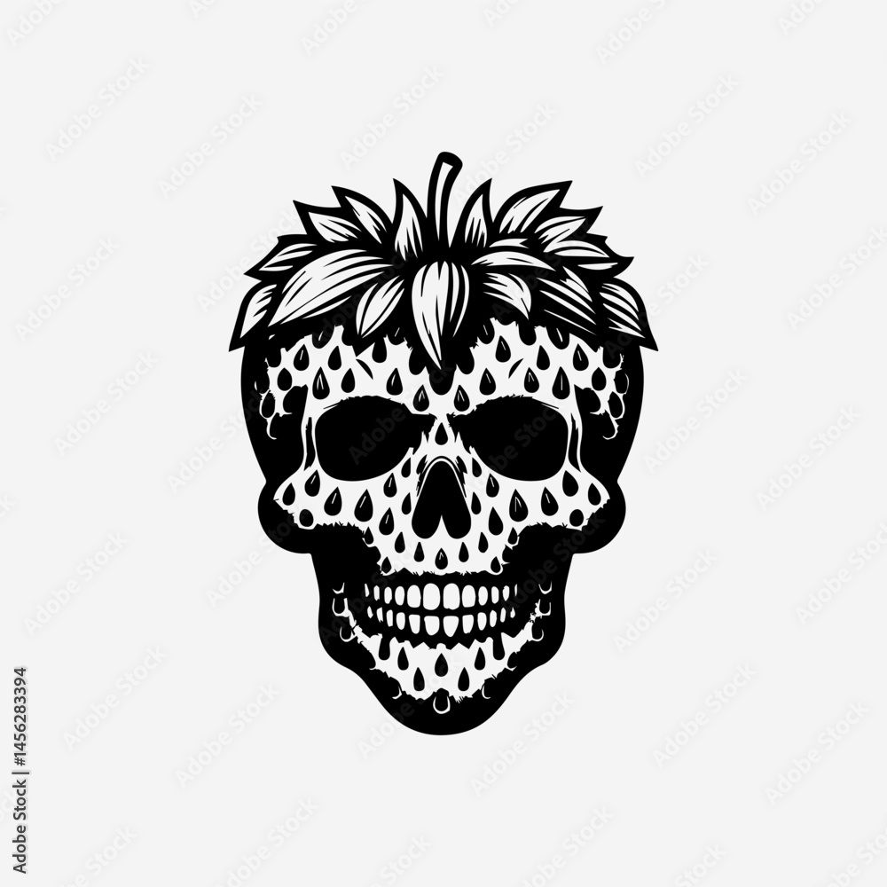 Fototapeta premium Ornate monochrome skull textured with strawberry seeds and topped with leaves in surreal food-themed illustration 