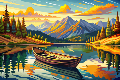 wooden canoe resting by the edge of a calm lake, reflecting pristine mountain peaks and lush pine forests under peaceful natural light vector. Ideal for outdoor adventure, travel, nature serenity