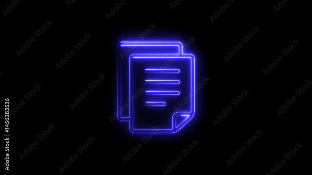 Illuminated neon document icon with glowing electric blue outline against black background