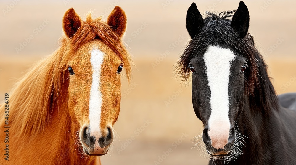 Fototapeta premium Two beautiful horses, one chestnut and one black, standing side by side