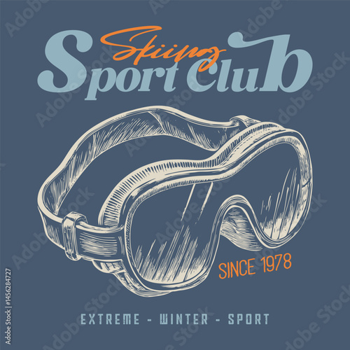 Skiing sport Club, Vintage typography design with mountains and snowboard, Extreme winter sport, ski glasses, Vector ski club retro flyer, snowboarder, mountaineers, A winter extreme active sport
