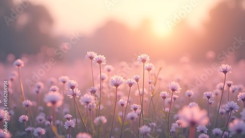 Serene Flower Field at Sunset: Daisies in a Dreamy, Ethereal Landscape