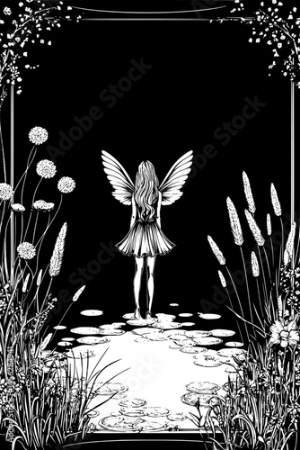 Fairy With Wings Near Small Pond, coloring book style, vector design