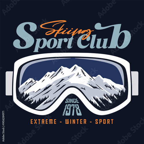 A winter extreme active sport, Snowboard Club. Extreme winter sport, Vector ski club retro flyer, poster, banner with mountain, snowboarder, mountaineers, ski glasses, skull skeleton, ski, helmet, ski