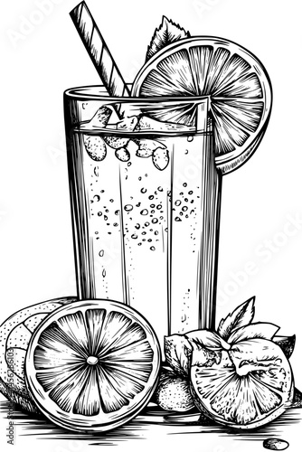Fruit Juice In Tall Glass, coloring book style, vector design