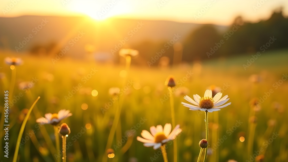 Fototapeta premium Golden Meadow: Daisies Bathed in Warm Sunlight at Dusk 