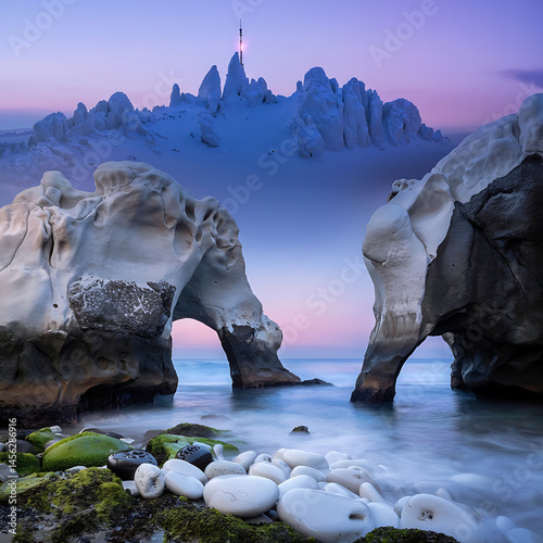 Coastal archways, whitish rocks, calm water.