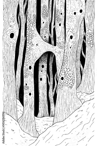 Hidden Spaces Between Tree Trunks, coloring book style, vector design