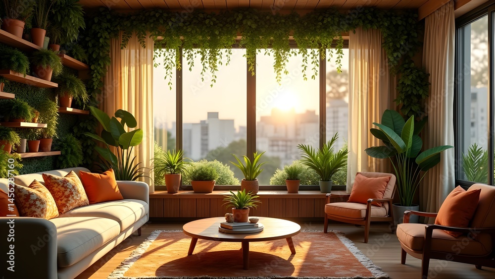 Fototapeta premium Sunlit Apartment Interior with Plants and City View, Cozy Home Decor, Wooden Accents, and Neutral Tones