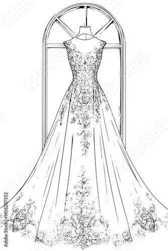 Lace Dress By Old Window, coloring book style, vector design