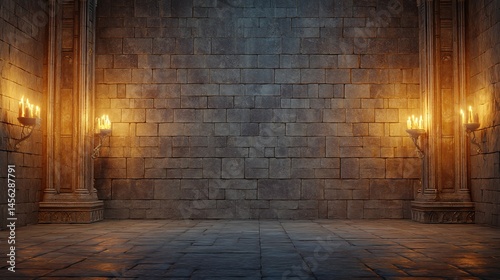 An empty room with stone walls and pillars illuminated by sconces.