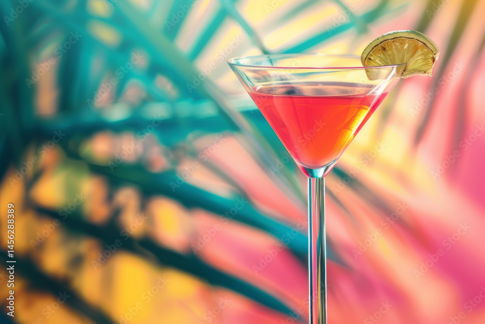 Tropical drinks with ice and lemon slices in glasses, surrounded by flowers and palm leaves on a beach.