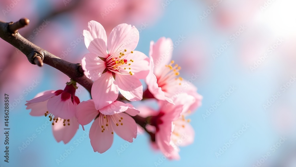 Naklejka premium Delicate Pink Blossoms on a Branch Against a Soft Blue Sky in the Spring Season