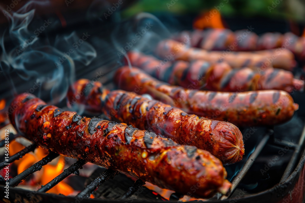 Sizzling sausages grilling on an open flame barbecue with smoke and char marks, surrounded by summer greenery.
