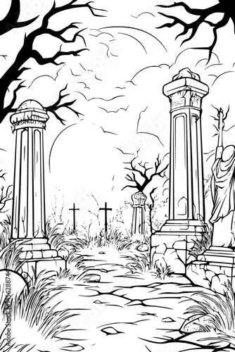 Moonlit Graveyard And Tall Statues, coloring book style, vector design
