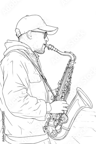 Musician Playing In Busy Public Area, coloring book style, vector design