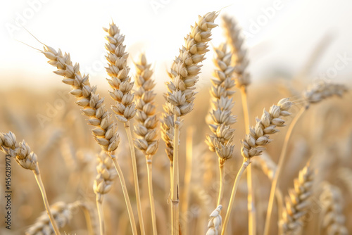 Close-up of golden wheat stalks in a sunlit field, capturing the essence of agriculture and harvest.