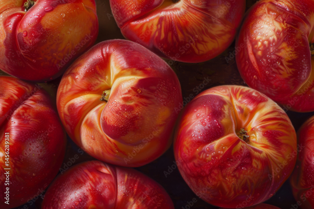 Close-up of ripe, vibrant nectarines with water droplets, showcasing their fresh and juicy appearance.
