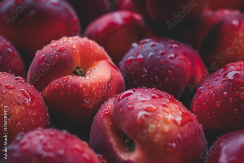 Obraz na płótnie Close-up of ripe, vibrant nectarines with water droplets, showcasing their fresh and juicy appearance. w salonie