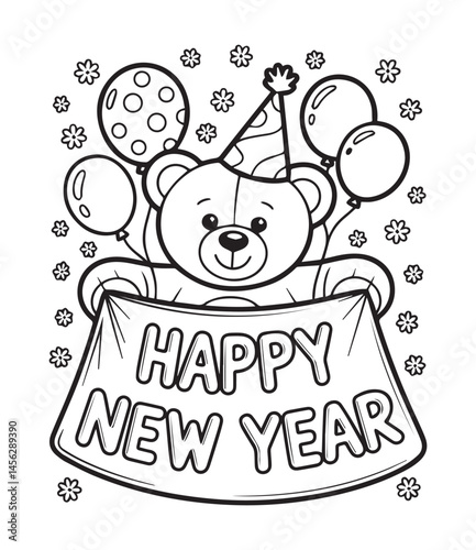 Cute bear celebrate happy new year with balloons black line art vector illustration for coloring page design for kids