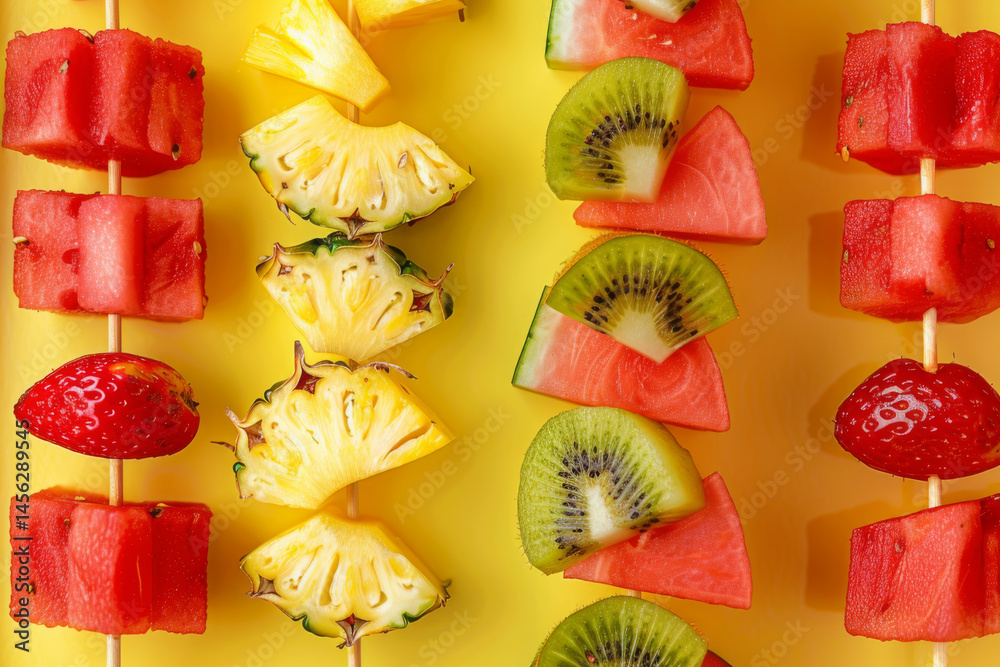 Colorful fruit skewers with strawberries, pineapple, watermelon, and kiwi arranged in a vibrant and healthy presentation.