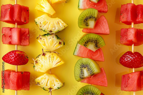 Obraz na płótnie Colorful fruit skewers with strawberries, pineapple, watermelon, and kiwi arranged in a vibrant and healthy presentation. w salonie