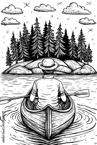 Paddlers Approaching Small Forested Island, coloring book style, vector design
