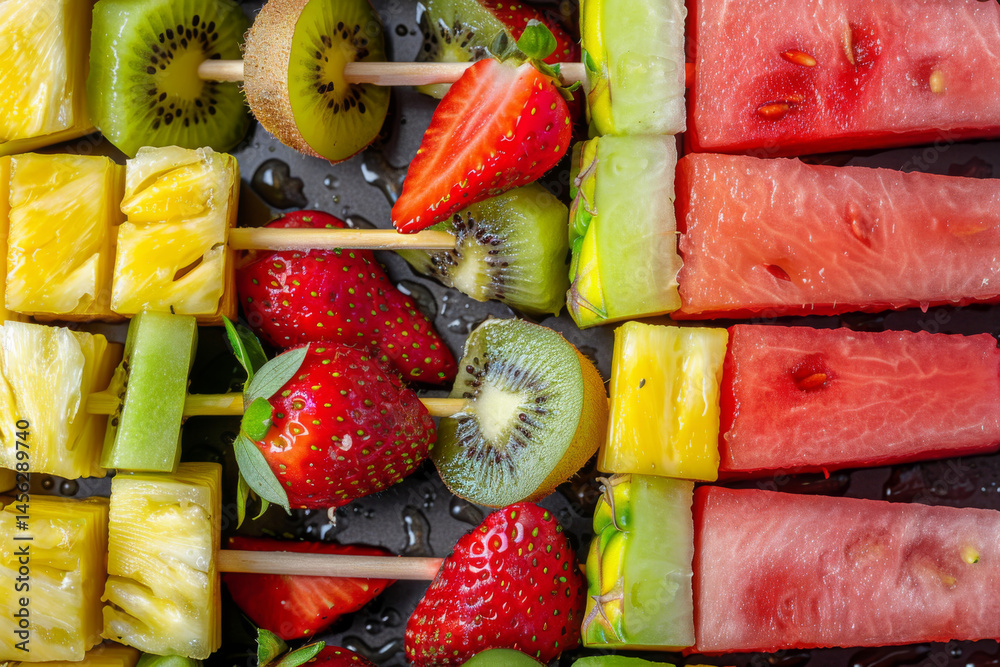 Colorful fruit skewers with strawberries, pineapple, watermelon, and kiwi arranged in a vibrant and healthy presentation.
