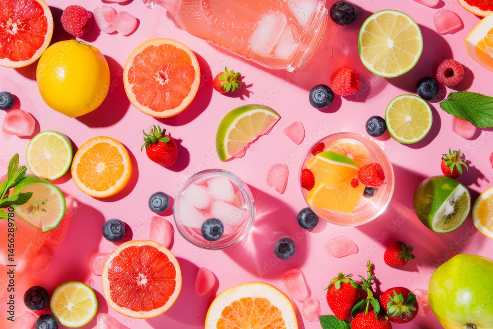 Fresh fruit cocktails with oranges, berries, mint, and ice on a pink background, creating a vibrant and refreshing scene.