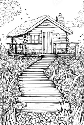 Path Leading To Glamping Cabin, coloring book style, vector design