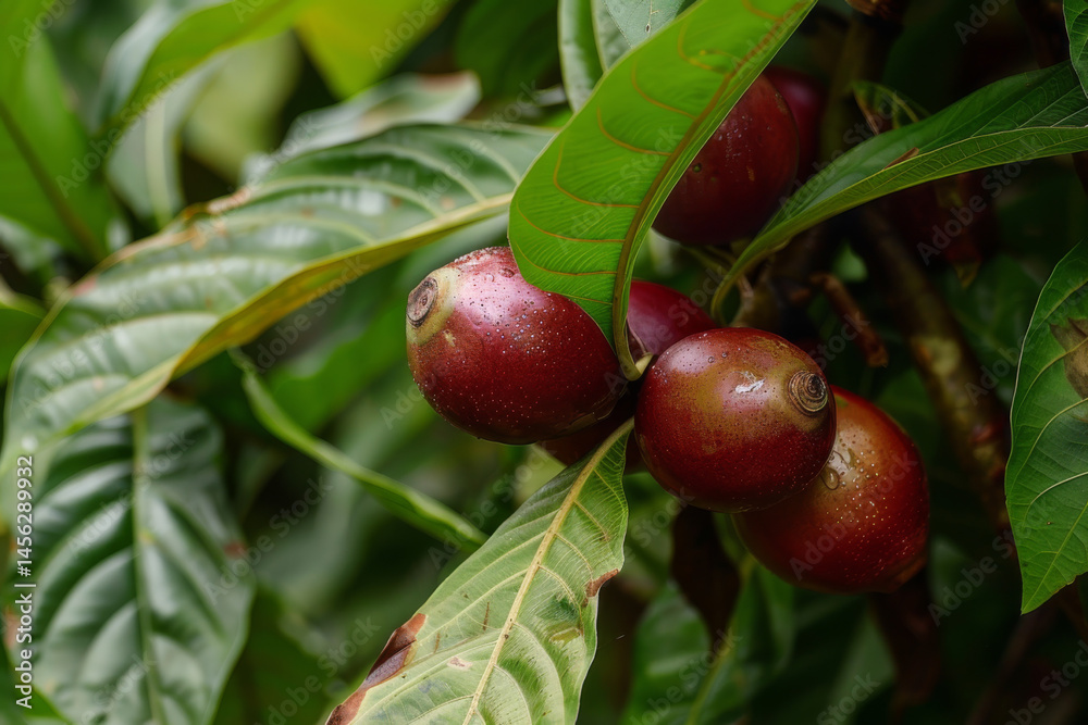 Close-up of ripe pomegranates on a tree branch with lush green leaves in a natural setting.