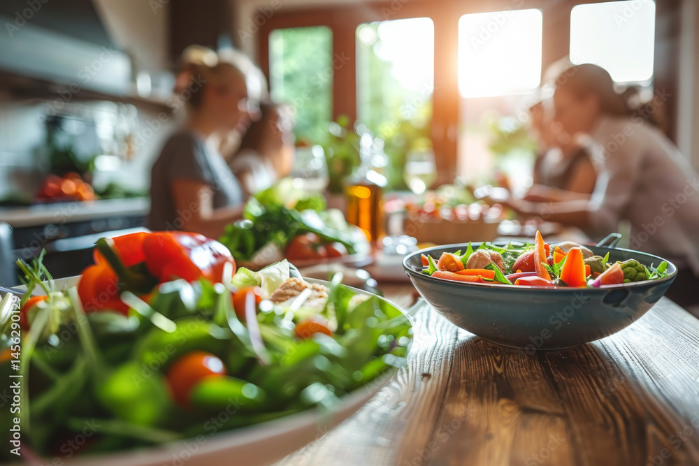A festive table setting with fresh salads, vegetables, and glasses of white wine, perfect for a gathering.