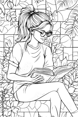 Person Reading Book While Swaying Gently, coloring book style, vector design