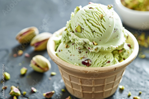 Two pistachio ice cream cones with scattered nuts on a light blue background, showcasing a delicious summer treat.