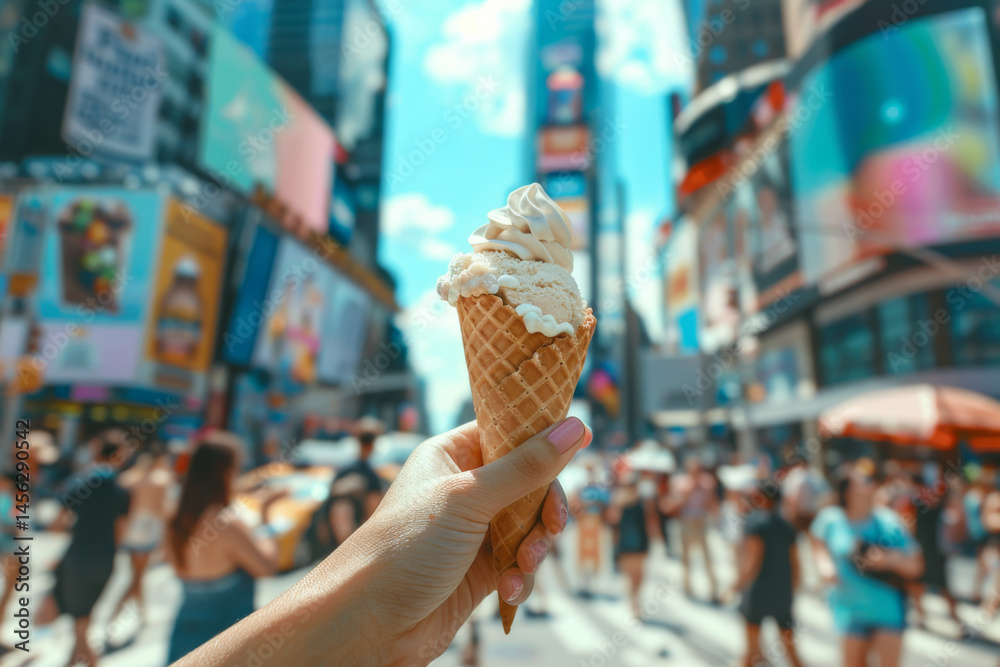 Hand holding a vanilla ice cream cone in a vibrant city street, capturing the essence of summer.