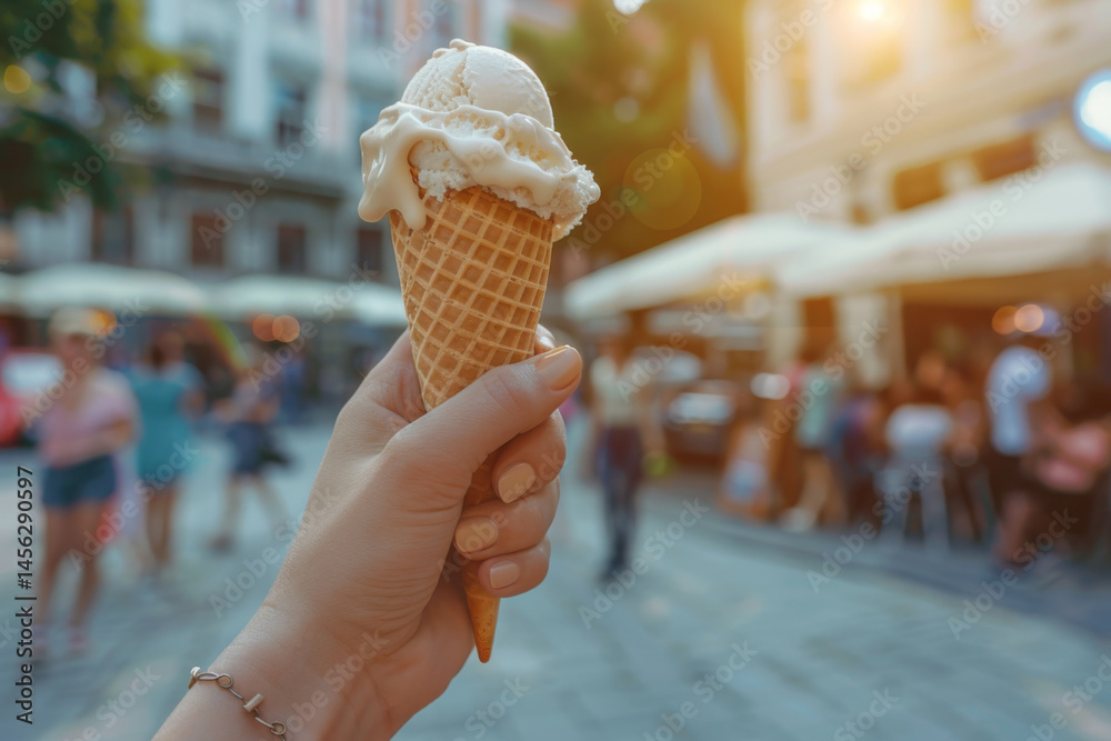 Hand holding a vanilla ice cream cone in a vibrant city street, capturing the essence of summer.