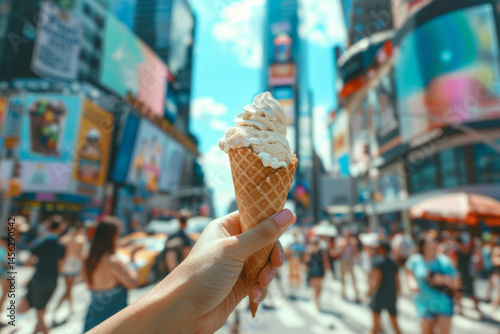 Obraz na płótnie Hand holding a vanilla ice cream cone in a vibrant city street, capturing the essence of summer. w salonie