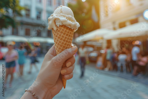 Obraz na płótnie Hand holding a vanilla ice cream cone in a vibrant city street, capturing the essence of summer. w salonie