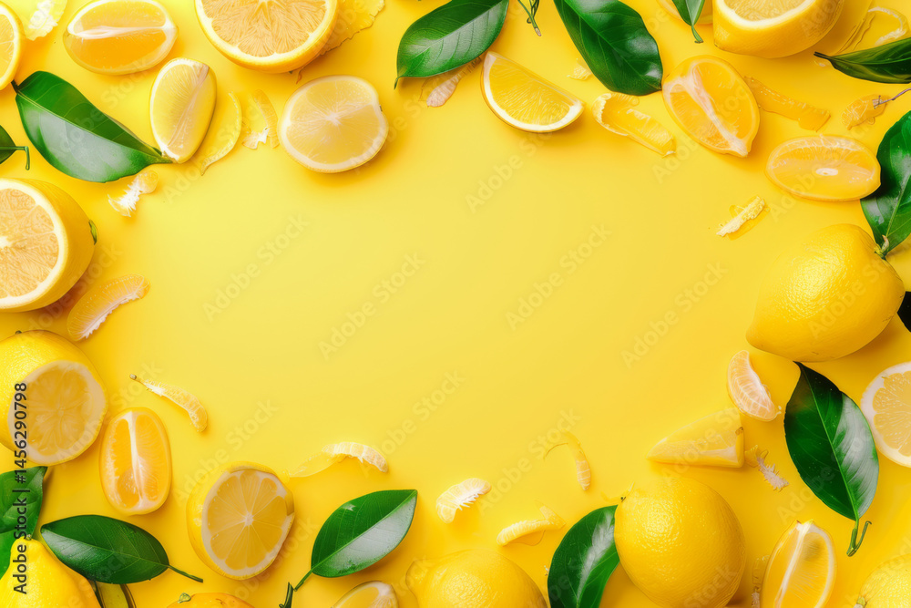 Colorful arrangement of various fresh fruits on a yellow background, creating a vibrant and healthy display.