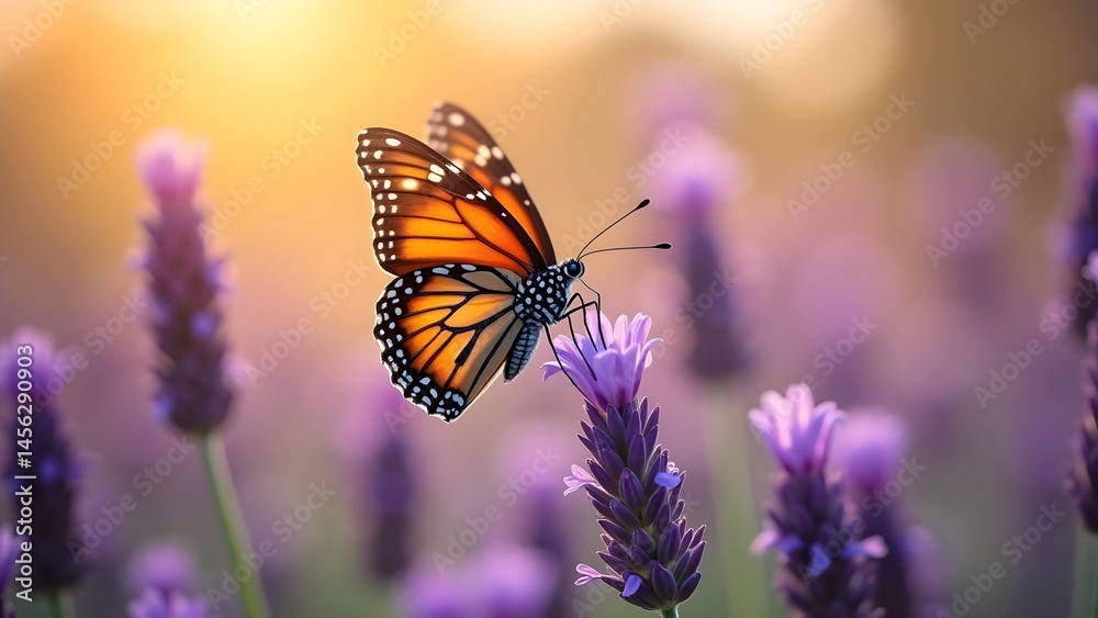 Naklejka premium Monarch Butterfly on Lavender in a Sun-Kissed Field with Soft Golden Light
