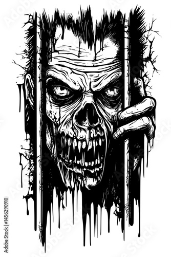Rotting Face Behind Metal Bars, coloring book style, vector design