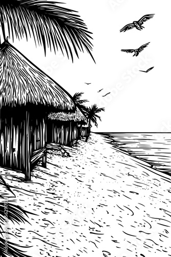 Row Of Huts On Sandy Beach, coloring book style, vector design