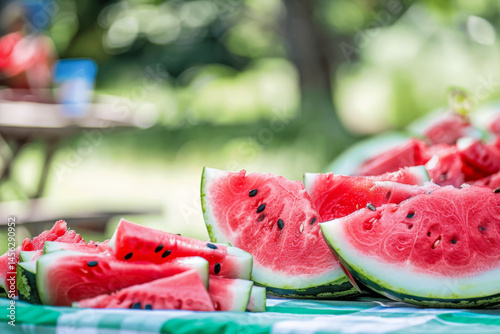 Obraz na płótnie Slices of fresh watermelon on a picnic blanket in a sunny park, perfect for a summer day. w salonie