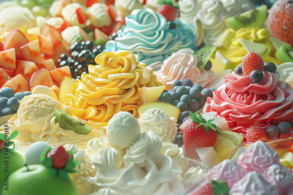 An assortment of colorful ice cream flavors in containers, topped with various fresh fruits, creating a vibrant dessert display.