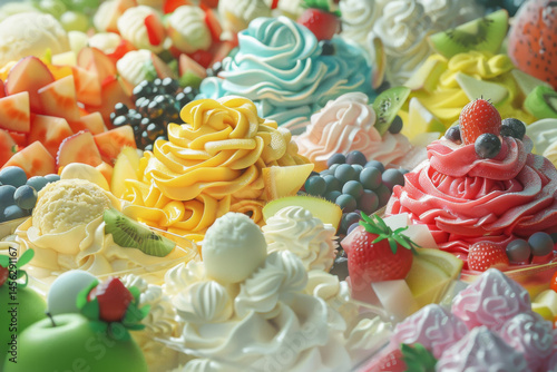 Obraz na płótnie An assortment of colorful ice cream flavors in containers, topped with various fresh fruits, creating a vibrant dessert display. w salonie