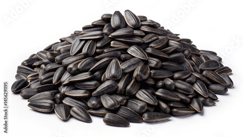 Pile of Black Sunflower Seeds High-Angle Close-up, Food Photography, Helianthus annuus, healthy snack Sunflower seeds, food photography