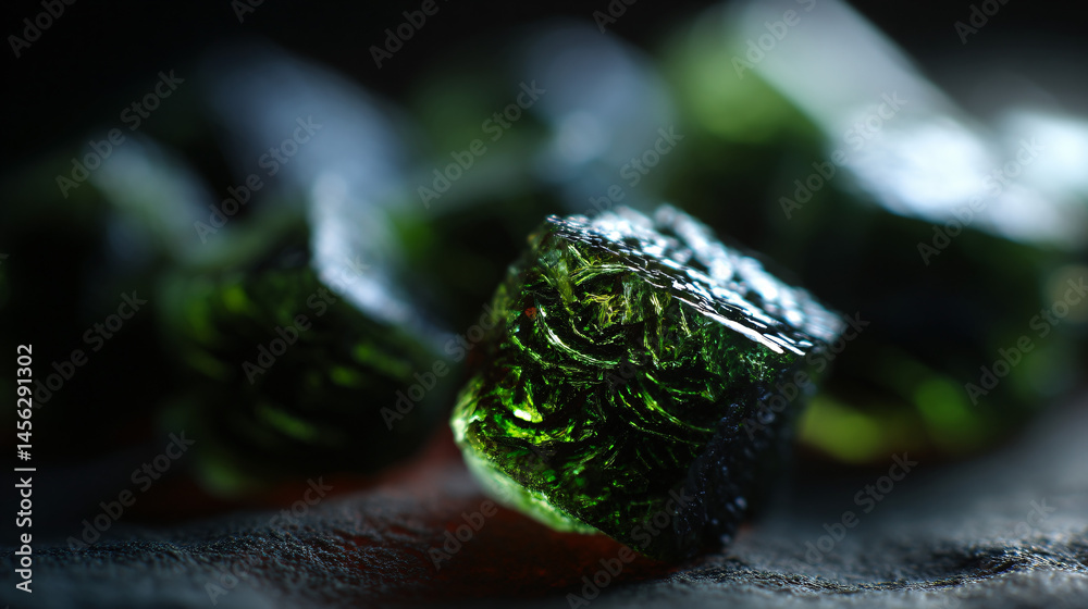 Exposure of moldavite stone with intricate green patterns