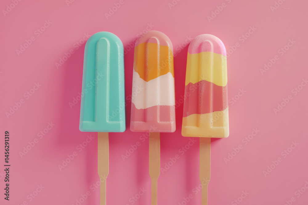 Colorful popsicles on a pink background with ice cubes, capturing the refreshing essence of summer treats.
