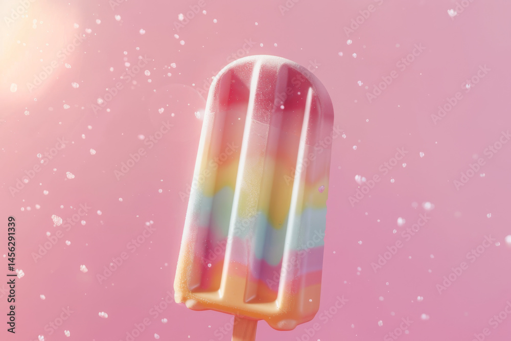 Colorful popsicles on a pink background with ice cubes, capturing the refreshing essence of summer treats.